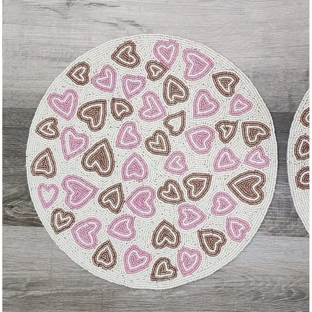 Valentines Day Pink & Gold Hearts Beaded‎ Placemat Charger Placemats 2 Pc 15